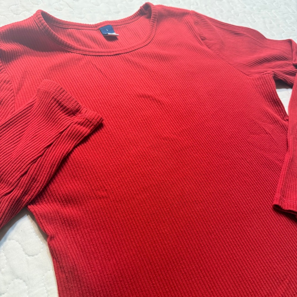 Old Navy Women L Top Red Ribbed Long Sleeve Crew Neck Slim Fit BASICS MINIMALIST
